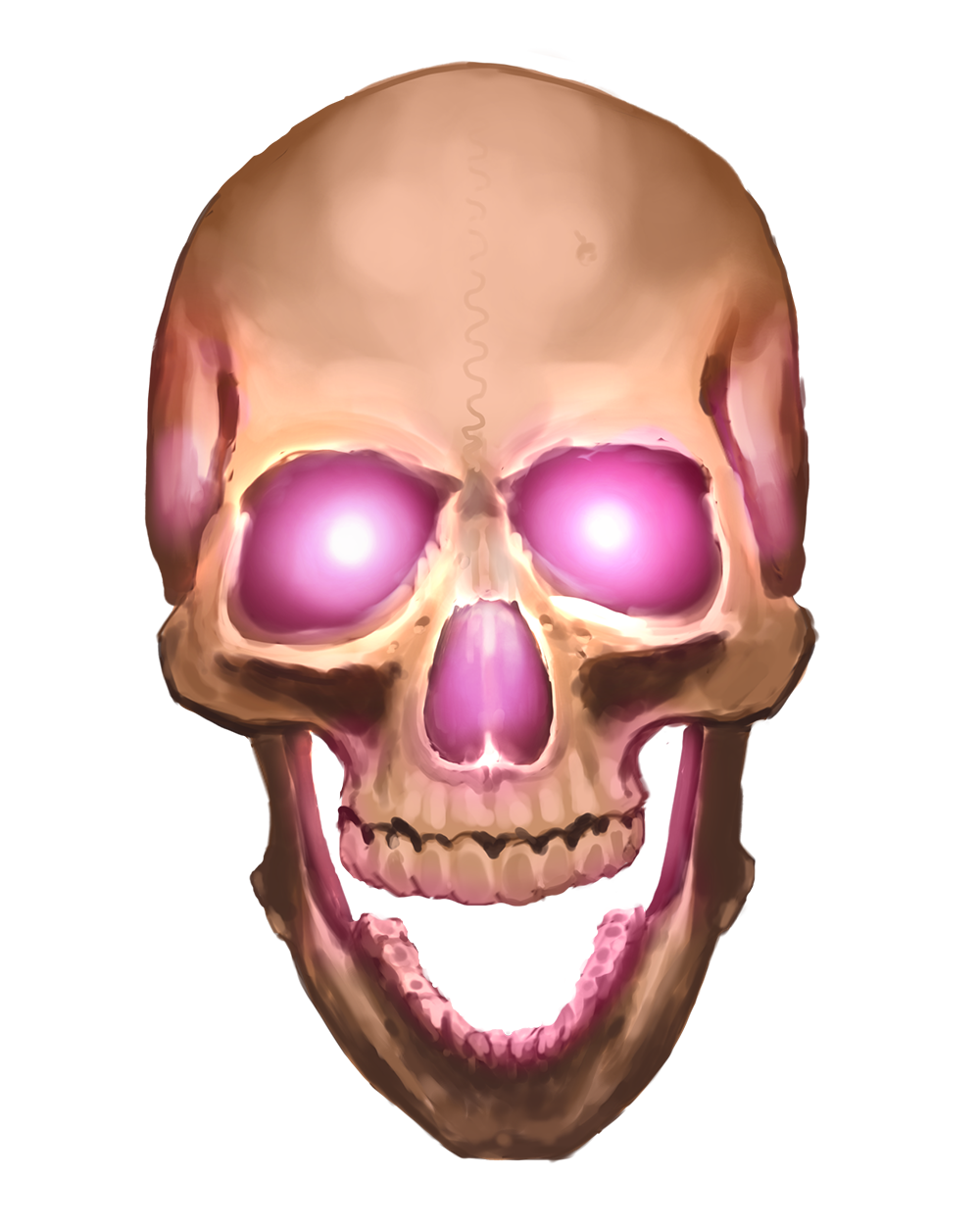 Illustration by Josef Kucera: A human skull with glowing pink eyes and her mouth open