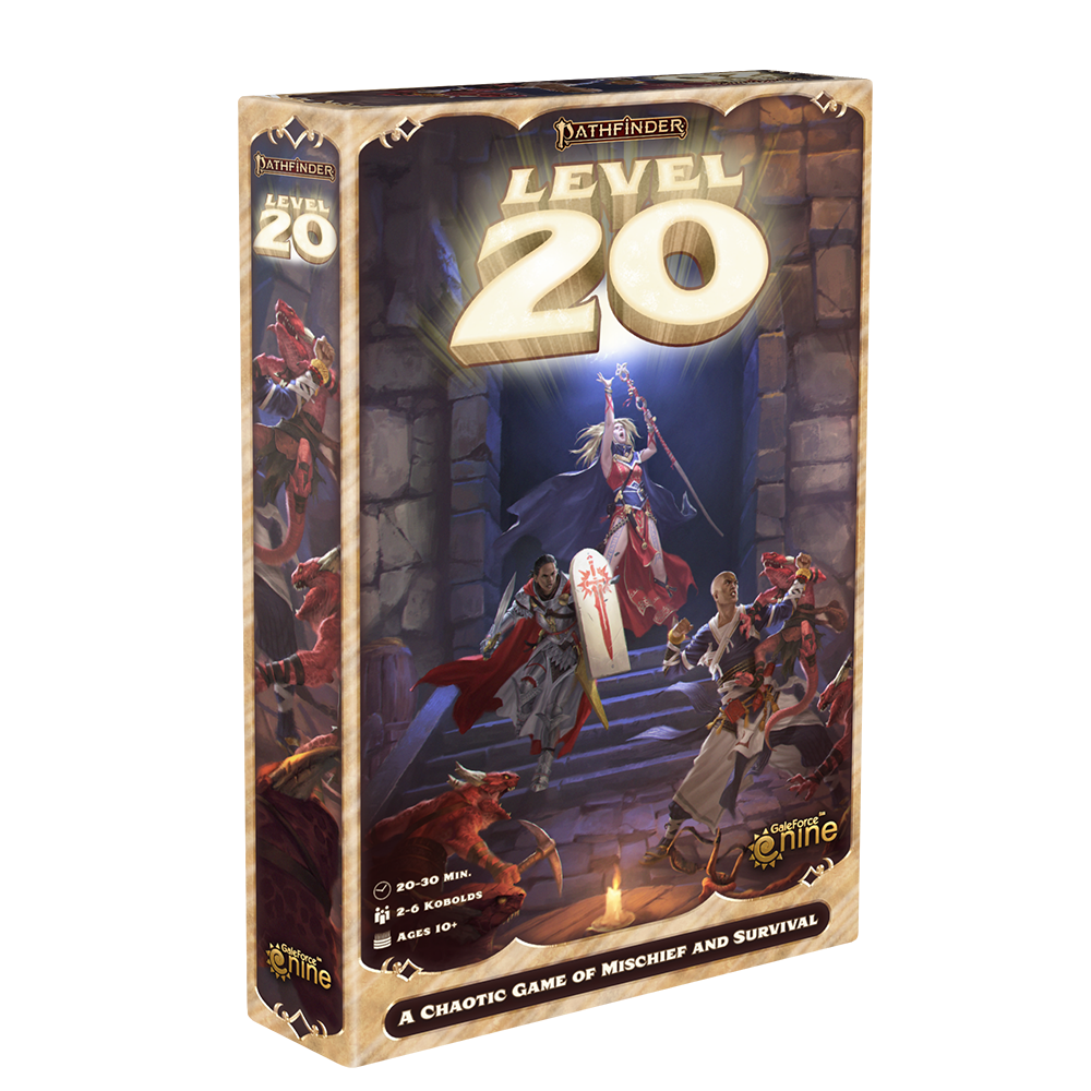 Pathfinder Level 20 Box Mockup featuring art of the iconics Seoni, Seelah, and Sajan battling a hoard of Kobolds