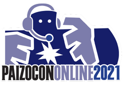 Paizo Golem Vigilant with a headset and mic over the paizocon online text logo