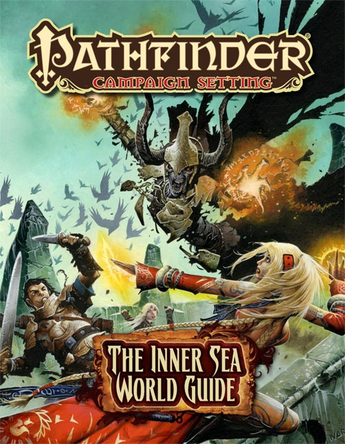 Pathfinder First Edition Campaign Setting The Inner Sea World Guide cover featuring iconics Seelah and Valeros battling an undead
