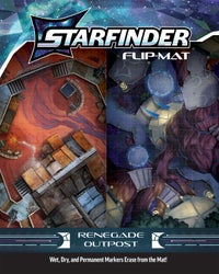 Starfinder Second Edition Renegade Outpost Flip-Mat: The cover art features two square tiled maps. The one on the left is a slap-dash building's exterior on a dry, rocky, red planet. The map on the left is of multiple octagonal domes resting amongst alien plant-life.