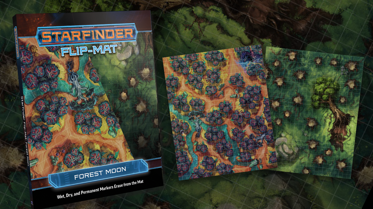 Starfinder Flip-Mat Forest Moon: top down view of a large, square tiled, forested area