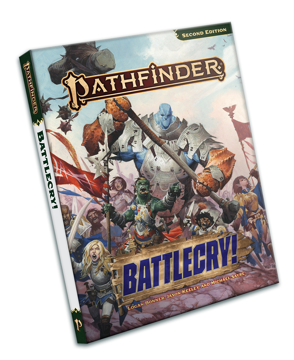 Pathfinder Second Edition Battlecry! Pocket Edtion: A soft cover book featuring cover art of a diverse army dressed in silver and gold plate armor runs forward with an orc leading the charge