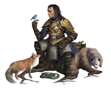 Iconic fighter, Valeros, sitting amongst small forest creatures with a blue bird on his finger