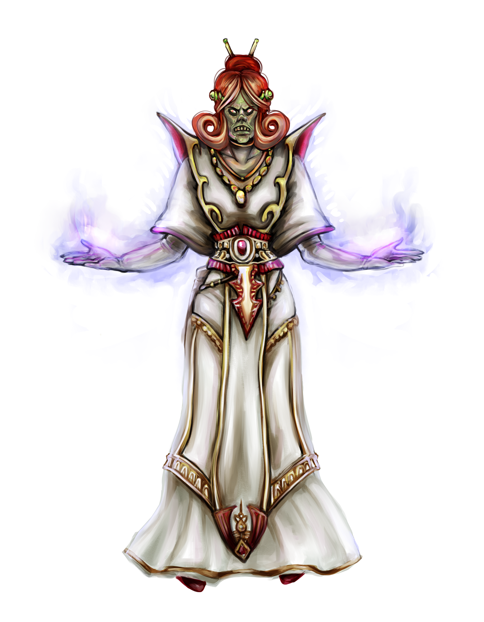 A female spellcaster dressed in expensive white and gold robes.