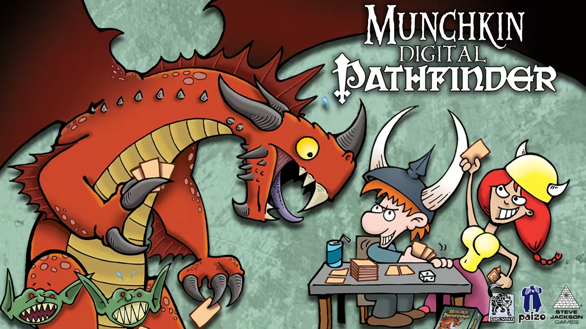 Munchkin Digital: Pathfinder. Two Munchkin characters, a red hair boy wearing a great helmet with large horns and a red haired girl wearing a gold helmet with small horns, smile in triumph as they play the munchkin card game against a red dragon.