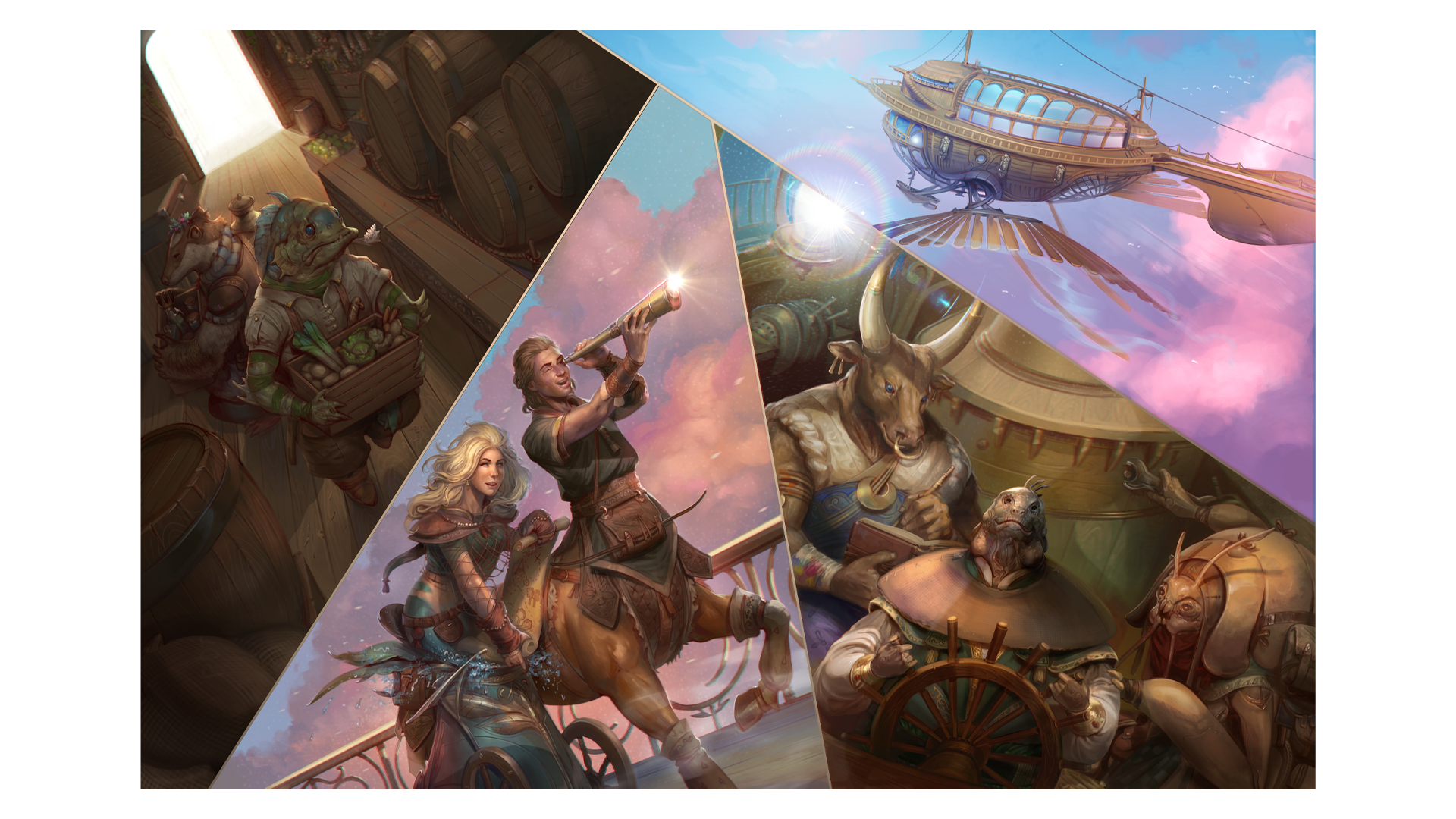 A composite image of scenes from Pathfinder Howl of the Wild, featuring the Zoetrope airship, the naturalist and his crew, and art of the new centaur and minotaur ancestries.