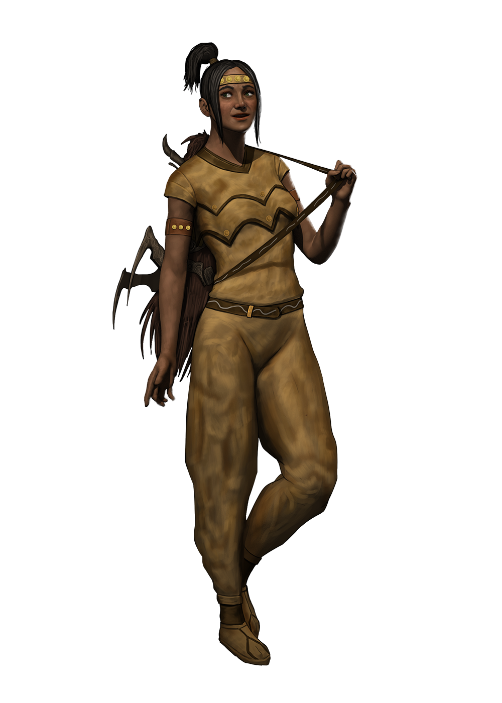 Rahaksenwe is a confident Mahwek women with dark hair that she wears in a ponytail, wearing traditional summer clothing with her spider beast gun on her back.