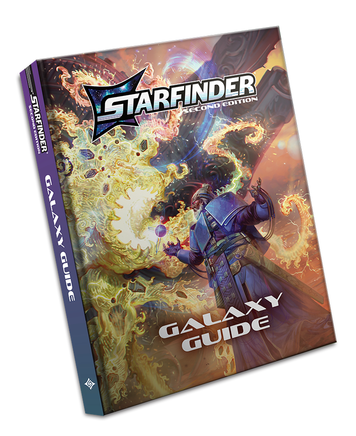 Starfinder Second Edition Galaxy Guide Pocket Edition: Starfinder iconic witchwarper Zemir, using magic to look into a bright golden cosmos
