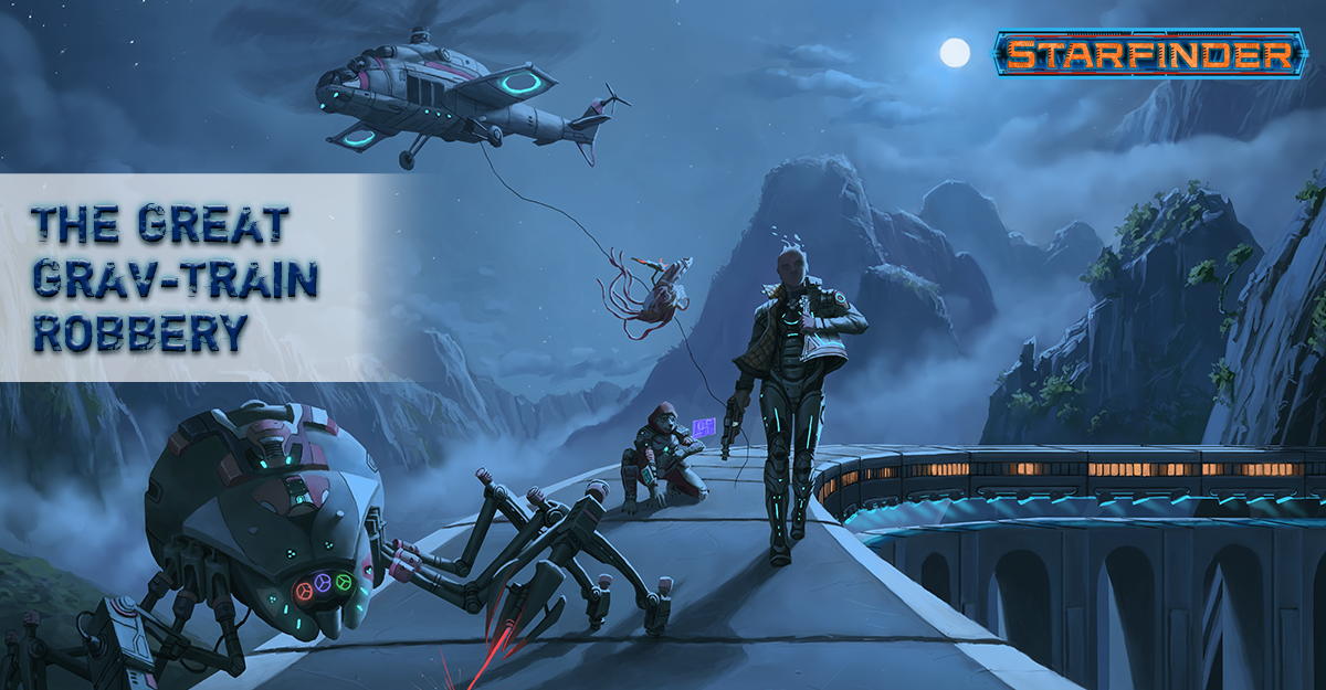 Starfinder Adventure The Great Grav Train Robbery: 4 characters repel down to the top of a train in the dark of the night