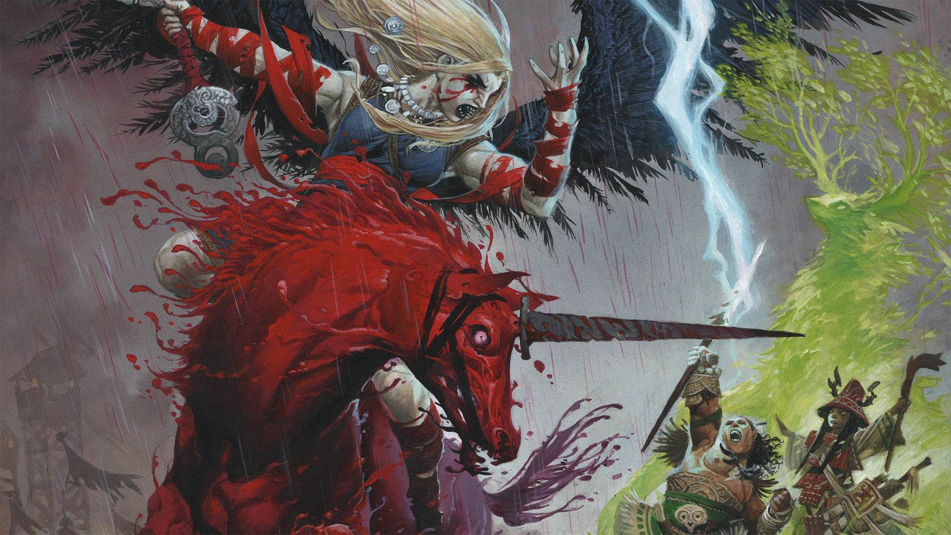 War of Immortals covering featuring the iconic animist and summoner battling a winged humanoid riding a bloody red unicorn with a sword for a horn