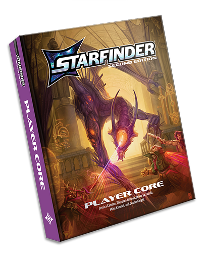 Starfinder Second Edition Player Core 3D book mockup: Starfinder iconics, Navasi, Dae, and ChkChk fave against a large purple skinned dragon alien with a single large yellow eye in the center of its face and a number of smaller yellow eyes running down its arms. The dragon is focusing it's laser-like glare down onto Chkchk