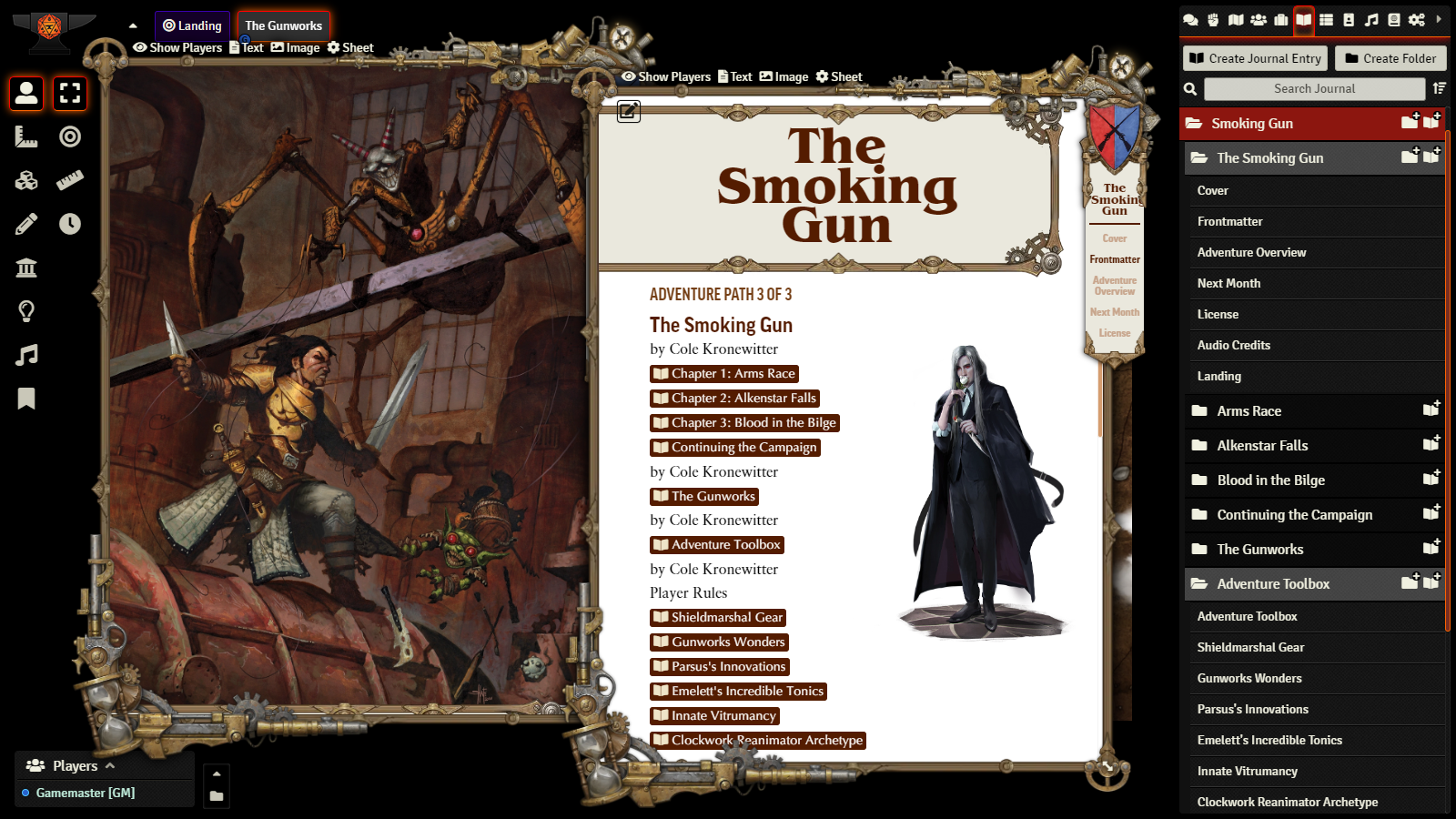 A journal entry shows an image of Valeros, the iconic fighter, and Fumbus, the iconic alchemist, sliding down the side of a huge rusted tank while a strange clockwork spider-like creature lurks in the rafters above. To the right, the title 'The Smoking Gun' appears above a table of contents.