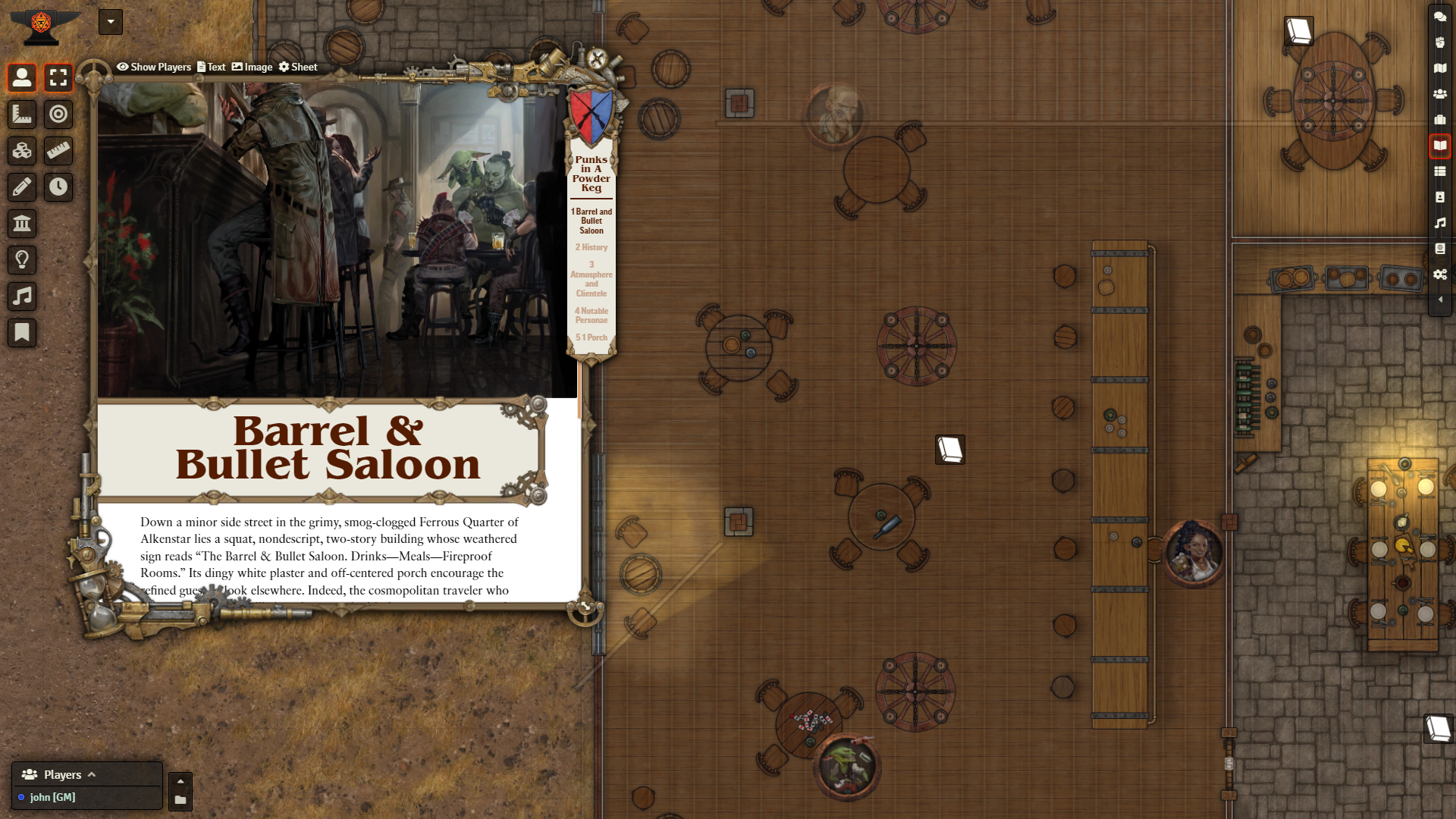 A screenshot showcasing an overhead map consisting of a saloon interior and a rocky, barren exterior. A journal entry with a styled border containing an hourglass, a rifle, and various other steampunk accoutrements reads 'Barrel & Bullet Saloon'.