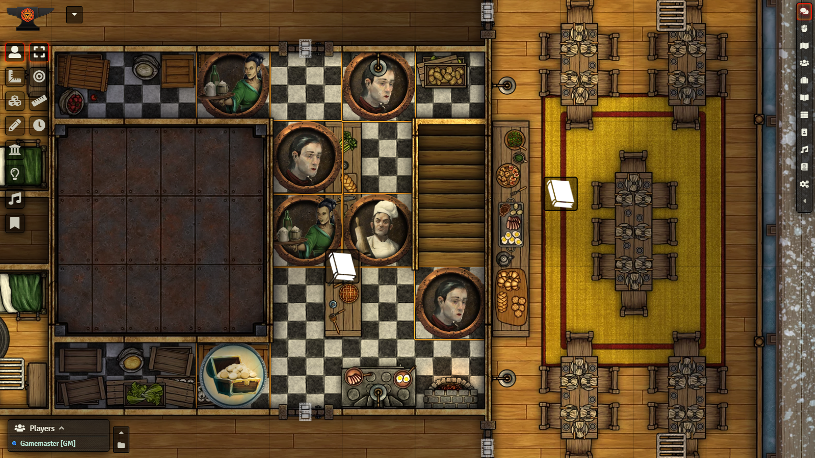 A screenshot showcasing an overhead battle map of a kitchen and dining room, including tokens for a cook and various kitchen staff.