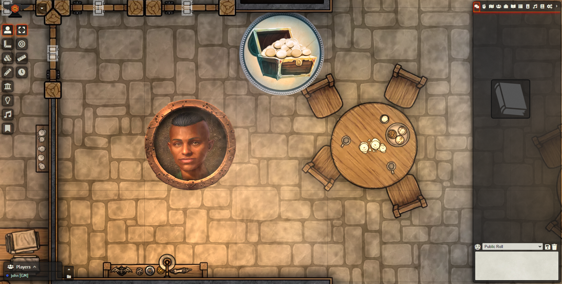 A screenshot showcasing an overhead battle map of a stone-floored room with a table and chairs, including a tokens for a smiling young man.