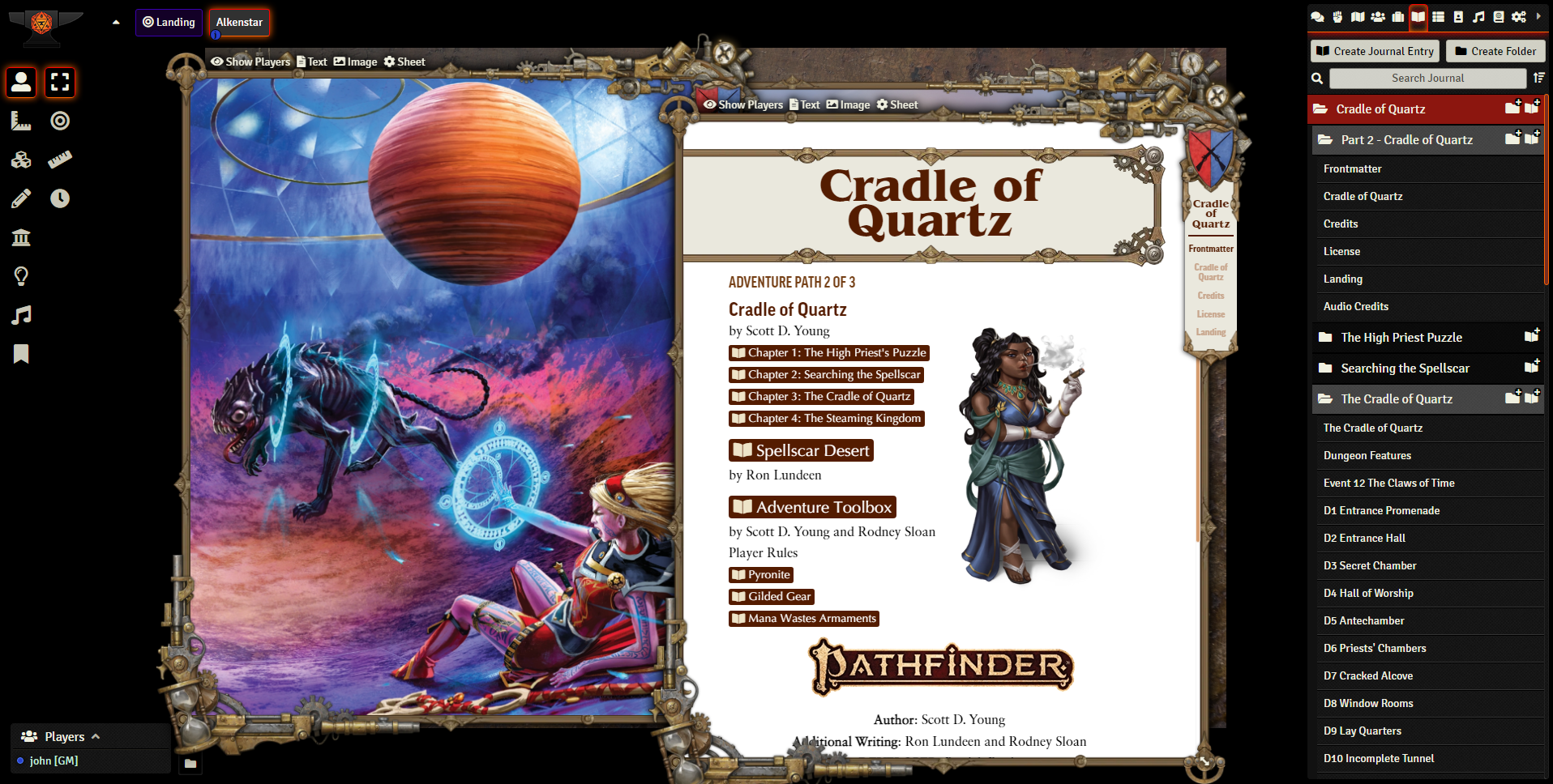 A journal entry shows an image of Seoni, the iconic sorcerer, prone on the ground beneath a gigantic planet-like sphere as she uses her magic to ensnare an attacking dog-like creature. To the right, the title 'Cradle of Quartz' appears above a table of contents.