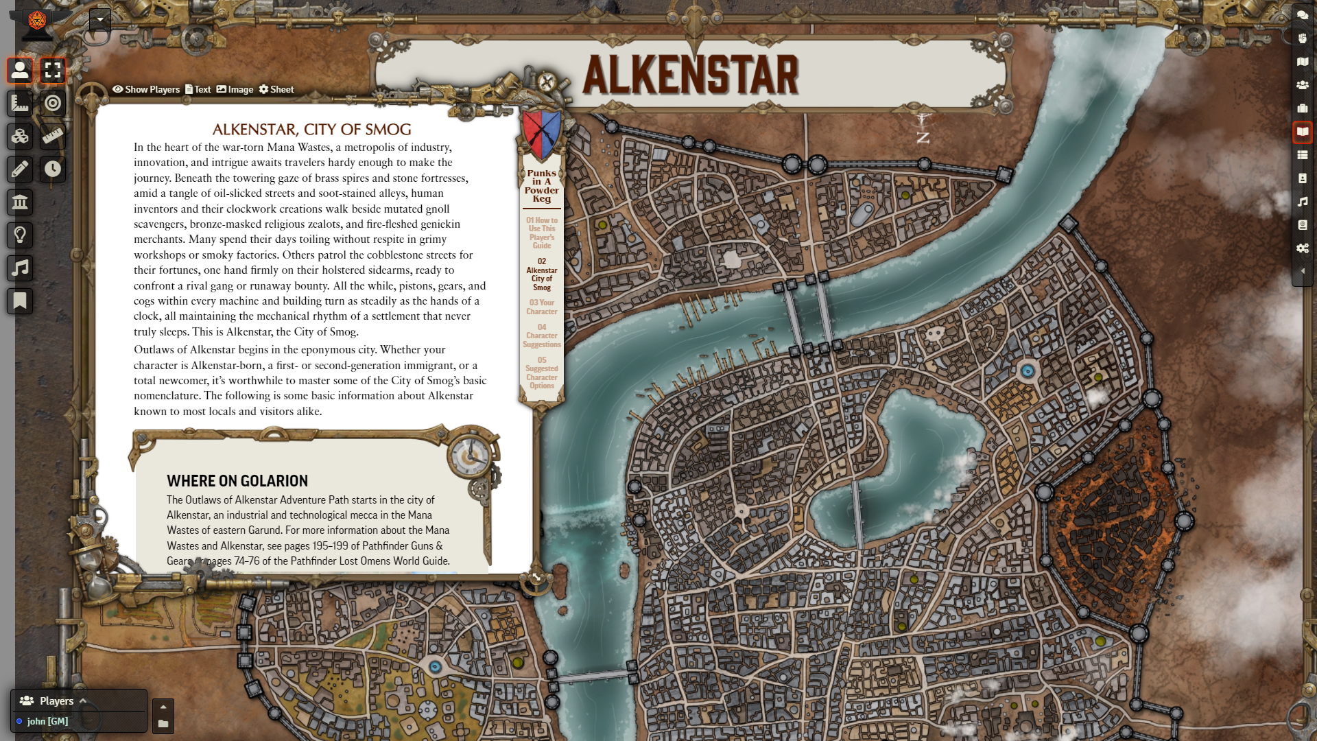 A screenshot showcasing an overhead map of the city of Alkenstar. Superimposed over the map is a journal entry containing a gazetteer on the city. The header text reads: 'Alkenstar, City of Smog.'