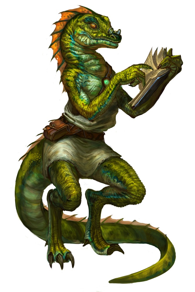 Kesstraka illustration. a tall humanoid lizardfolk wearing glasses and reading a book. Credit to Michele Giorgi