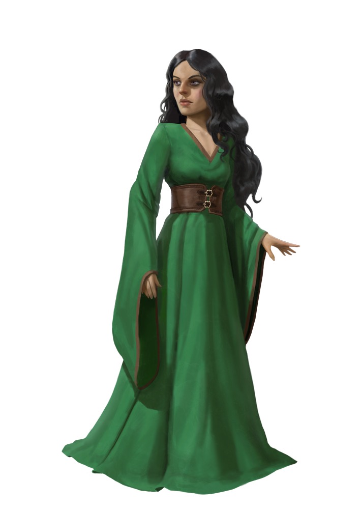 Ahksiva Illustration. A human woman in a green dress. Credit to Tadas Sidlauskas
