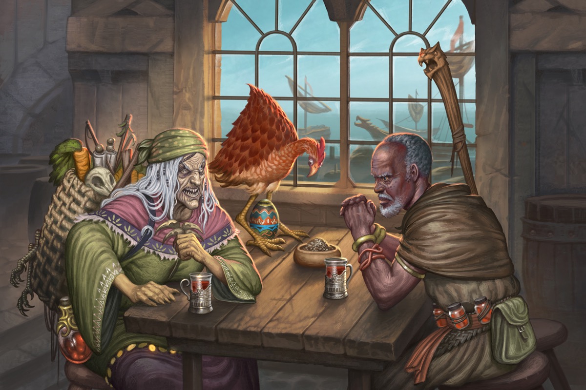 : Baba Yaga and Old Mage Jatembe meet for a meal while a strange chicken lays an even stranger egg.