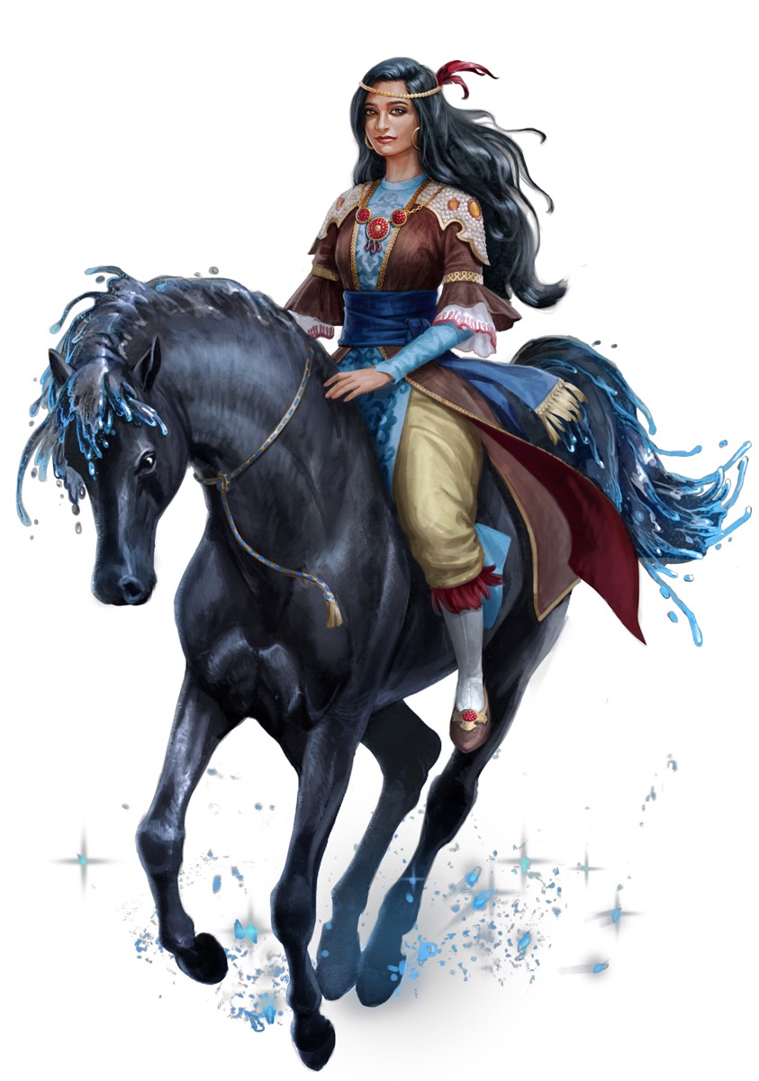 Art by Katerina Kirillova; Alt text: Deena rides an elementally infused horse