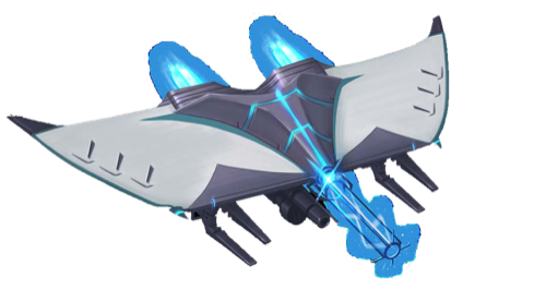 A sleek hunter-class security robot with black and white wings prepares to unleash a blast of blue energy.