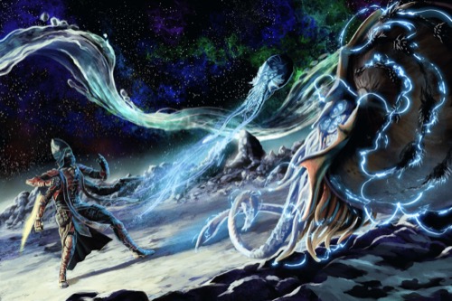 Altronus, a four-armed kasatha wielding a blade of light in one hand and brandishing a pistol with another, stands his ground before a pair of enormous tentacled creatures hovering in mid-air and crackling with blue lightning.