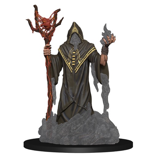 A faceless, robed humanoid figure, gray ash pouring from his sleeves and cowl, wields a staff covered with spidery red veins and capped with what appears to be a human heart.