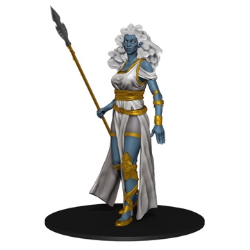 A white-haired, blue-skinned Cloud Giant stands at attention, a long spear in her right hand.