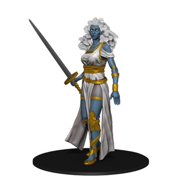 A white-haired, blue-skinned Cloud Giant stands at attention, a greatsword in her right hand.