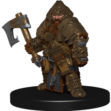 A heavily armored Dwarf Champion wields an axe in his right hand.