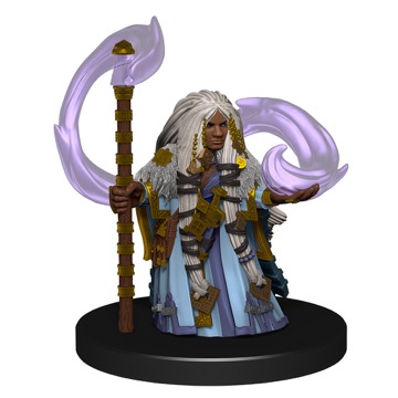A white-haired Dwarf Sorcerer confidently wields a staff on her right hand, purple magic swirling around her.