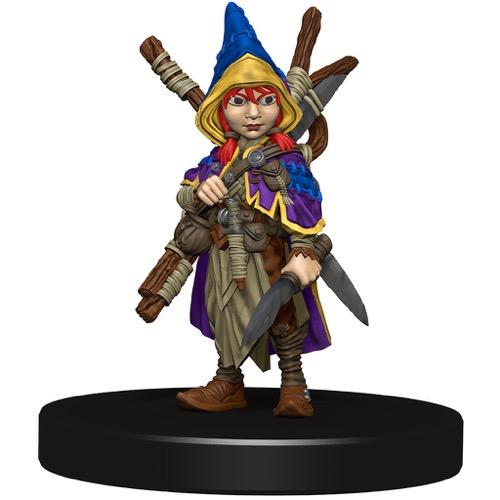 A dagger-wielding Gnome Rogue in a colorful traveling outfit with a number of staves crossed on her back.