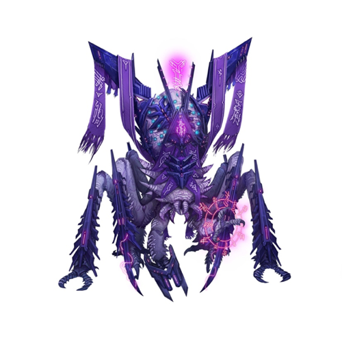 An imposing purple arachnoid alien bristling with blades and spikes.