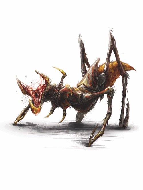 An insectoid monstrosity opens its slavering jaws and prepares to spring.