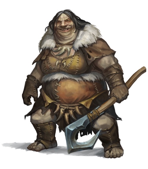 A grinning ogre in furs and leather armor wields a massive hooked implement in one hand.