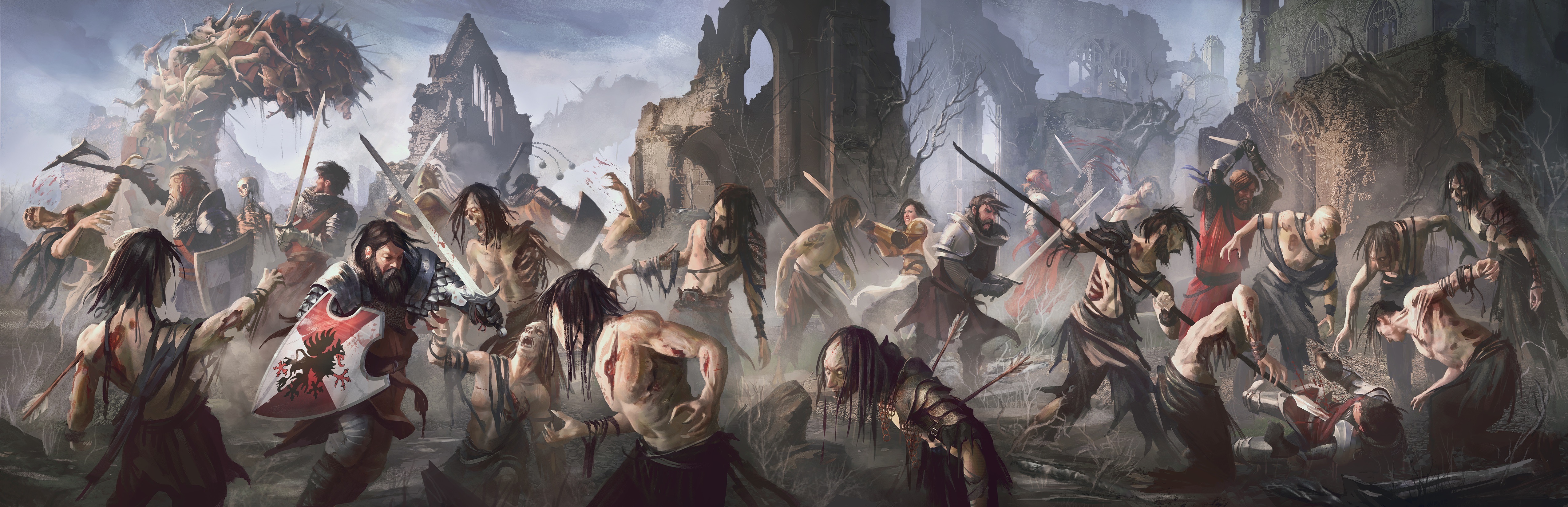A group of beleagured-looking knights try valiantly to hold the battlefield against a shambling undead army, while a massive worm-like creature studded with armor, weapons and impaled corpses looms in the background.