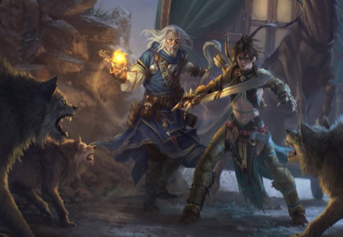 Cover art from the 'Fall of Plaguestone' adventure: Ezren and Amiri, the Pathfinder iconic wizard and barbarian, face off against a pack of snarling wolves.