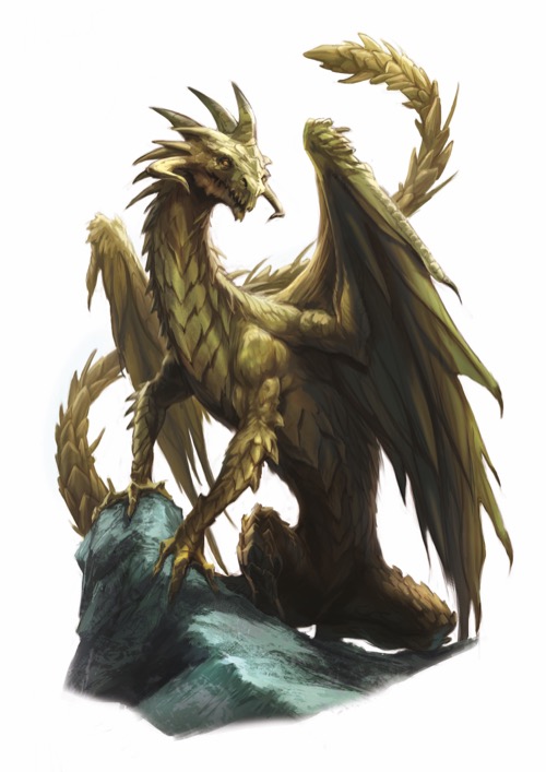 A huge brass dragon, covered with pointed scales and waving its huge tail behind it, rests its two front legs on a rocky crag.