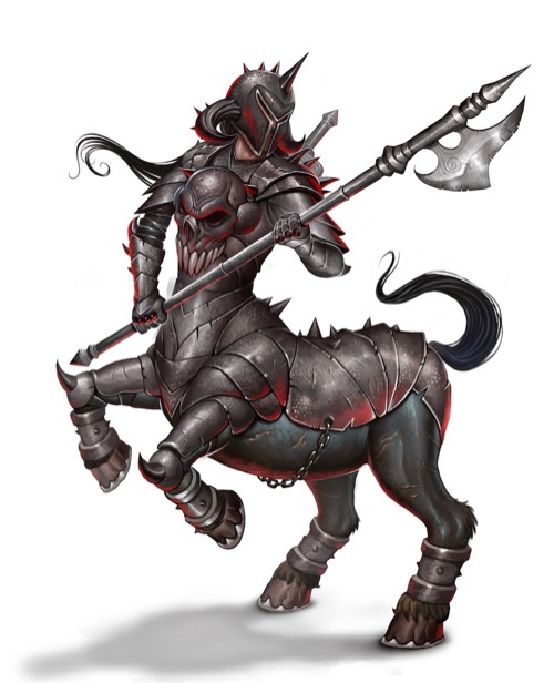 A female centaur in spiked full plate armor rears up on her hind legs, wielding a pole arm in both hands.