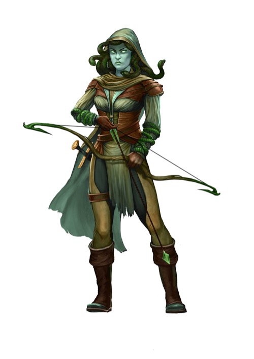 A cowled medusa carefully nocks a green-headed arrow in her longbow.