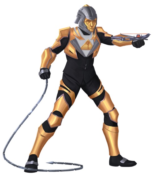 A humanoid clad in a full-body suit of gold and black Abadarmor wields a wrist-mounted crossbow in one hand and a segmented metal whip in the other.