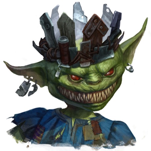 King Zusgut, a goblin wearing a crown fashioned from garbage and shards of metal, flashes a wide grin filled with needle-sharp teeth.