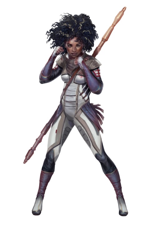 A combat mystic with a battle staff on her back is posed to punch with her wrecking fists from the Starfinder Character Operations Manual.