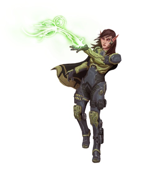 A wind-blown elf technomancer sends out flowing, spiraling magic from the palm of her hand from the Starfinder Character Operations Manual.