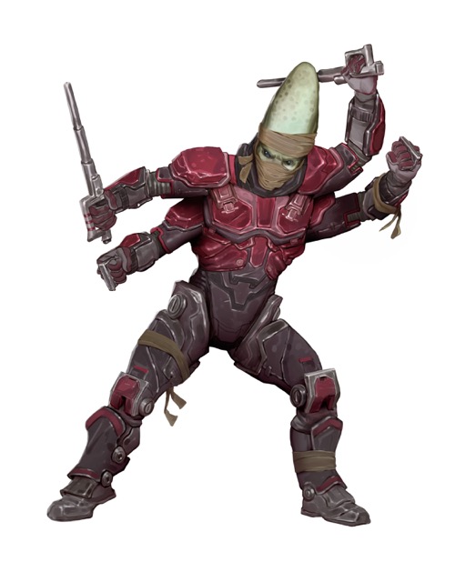 A four-armed and armored kasatha soldier poses to fight from the Starfinder Character Operations Manual.