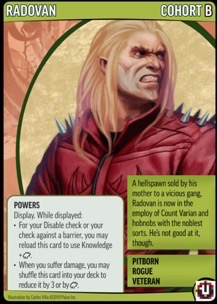 Cohort Card of a sneering Radovan Virholt, personal bodyguard of Varian, showing Powers for the Pathfinder Adventure Card Game.