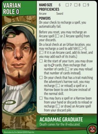 Role card of Varian, Acadamae Graduate, showing Powers for the Pathfinder Adventure Card Game.