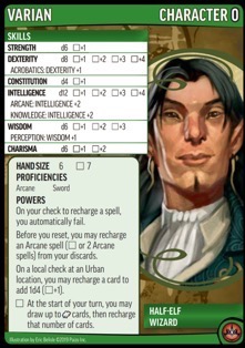 Front face of the Varian character card showing skills for the Pathfinder Adventure Card Game.